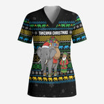 Tanzania Christmas Scrub Top African Santa Riding Elephant Snowflakes - African Pride