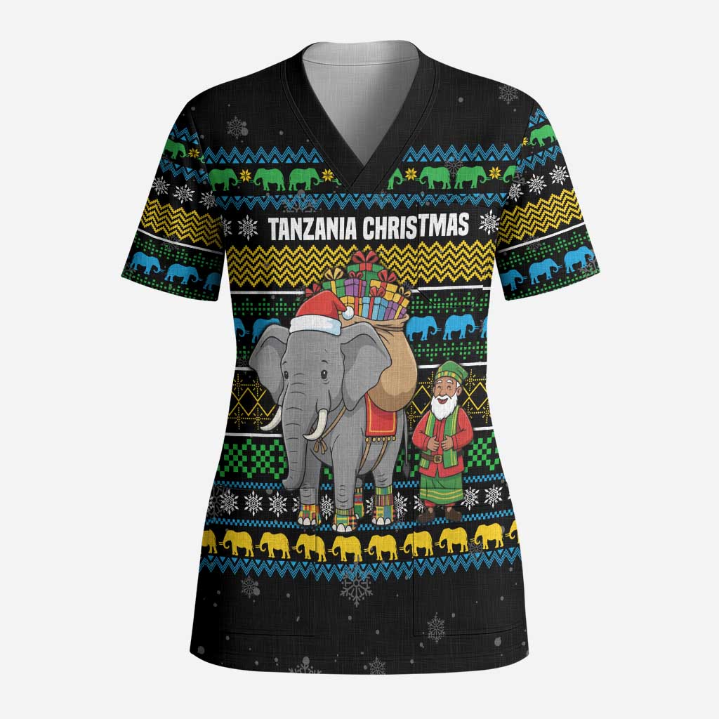 Tanzania Christmas Scrub Top African Santa Riding Elephant Snowflakes - African Pride