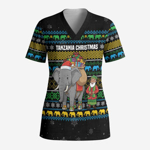 Tanzania Christmas Scrub Top African Santa Riding Elephant Snowflakes - African Pride