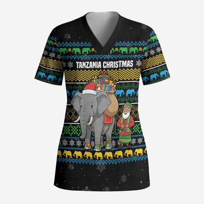 Tanzania Christmas Scrub Top African Santa Riding Elephant Snowflakes - African Pride