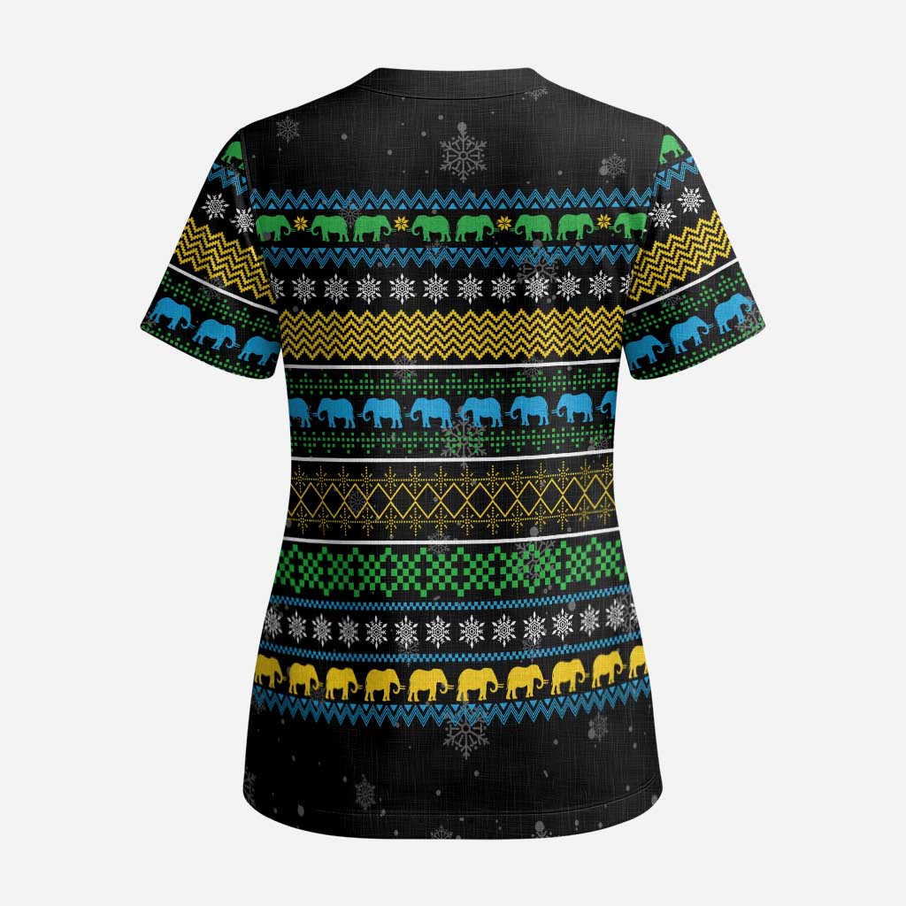 Tanzania Christmas Scrub Top African Santa Riding Elephant Snowflakes - African Pride