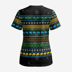 Tanzania Christmas Scrub Top African Santa Riding Elephant Snowflakes - African Pride
