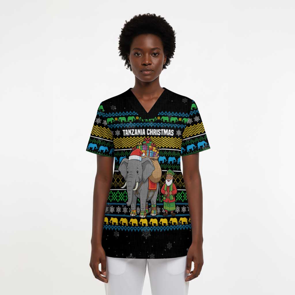Tanzania Christmas Scrub Top African Santa Riding Elephant Snowflakes - African Pride