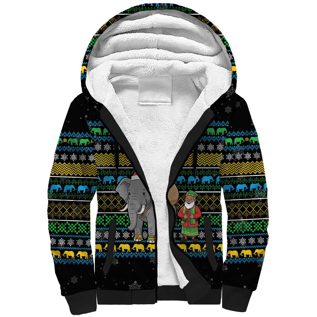 Tanzania Christmas Sherpa Hoodie African Santa Riding Elephant Snowflakes - African Pride