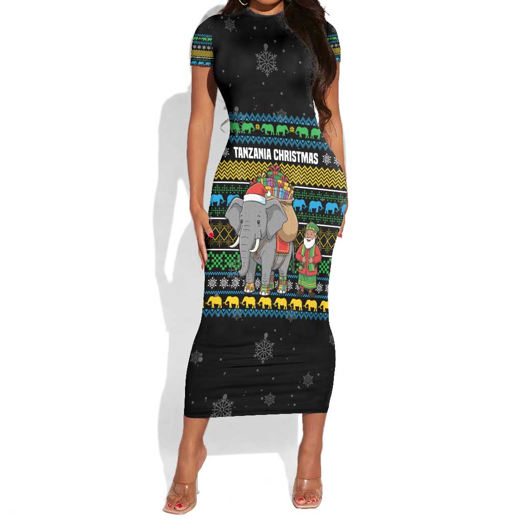Tanzania Christmas Short Sleeve Bodycon Dress African Santa Riding Elephant Snowflakes - African Pride