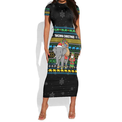 Tanzania Christmas Short Sleeve Bodycon Dress African Santa Riding Elephant Snowflakes - African Pride