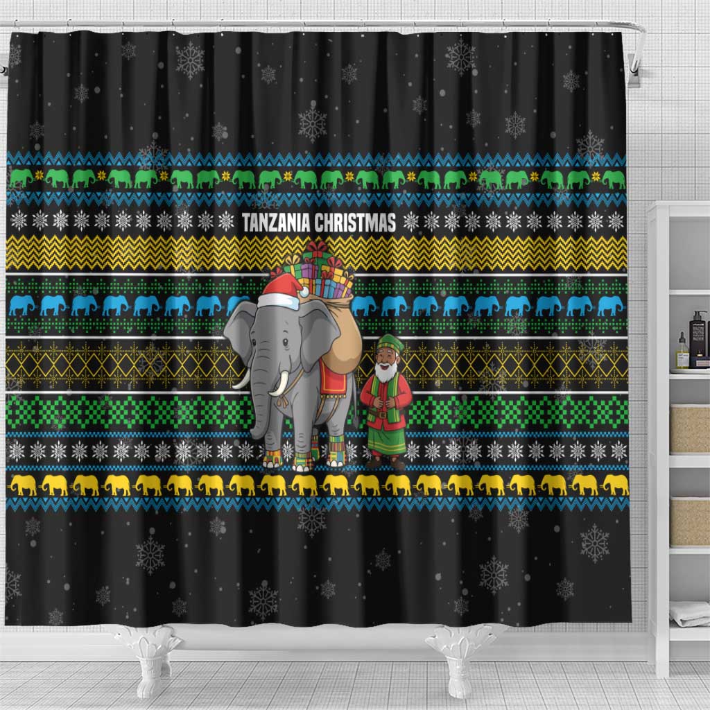 Tanzania Christmas Shower Curtain African Santa Riding Elephant Snowflakes - African Pride