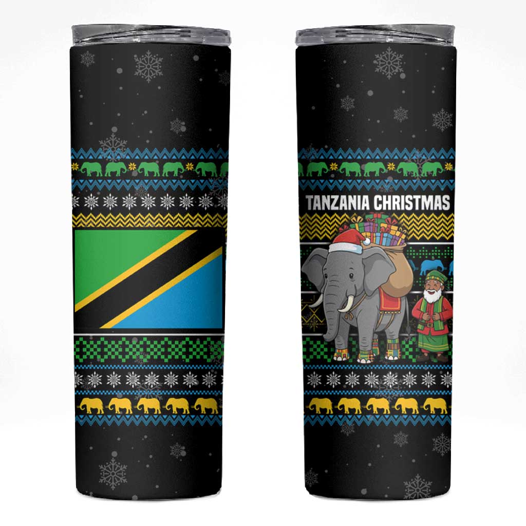 Tanzania Christmas Skinny Tumbler African Santa Riding Elephant Snowflakes - African Pride