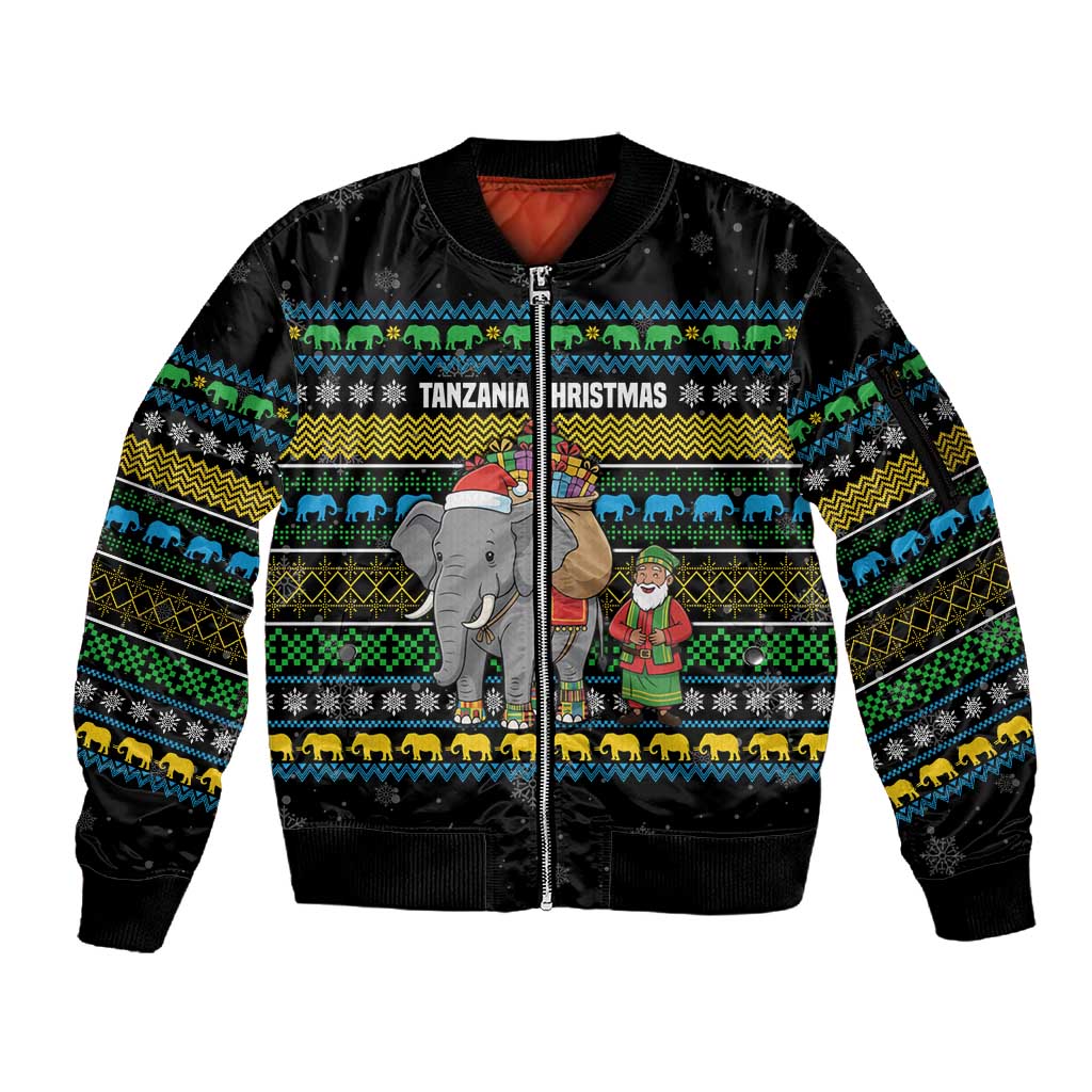 Tanzania Christmas Sleeve Zip Bomber Jacket African Santa Riding Elephant Snowflakes - African Pride