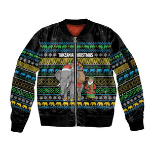 Tanzania Christmas Sleeve Zip Bomber Jacket African Santa Riding Elephant Snowflakes - African Pride
