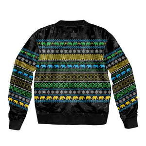 Tanzania Christmas Sleeve Zip Bomber Jacket African Santa Riding Elephant Snowflakes - African Pride