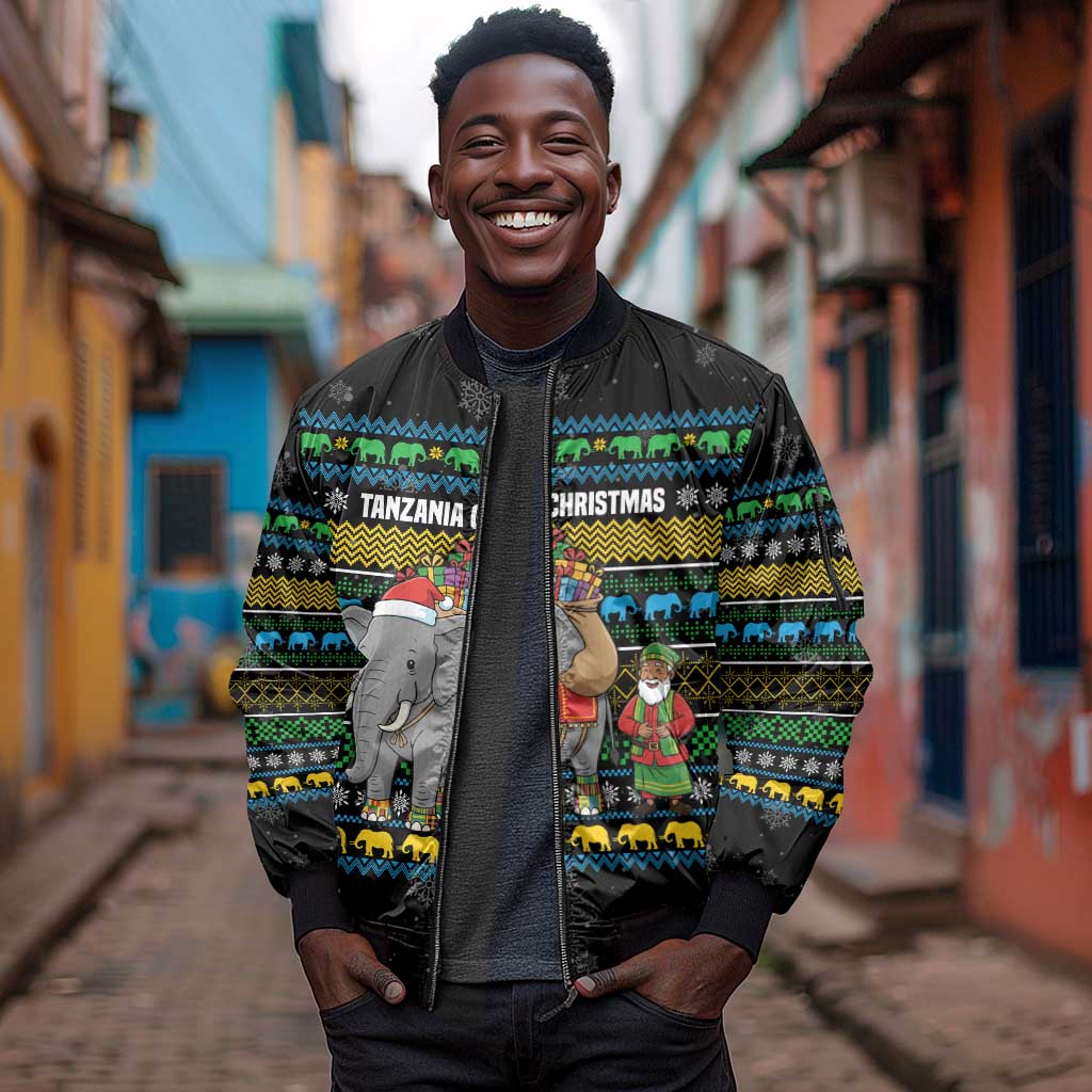 Tanzania Christmas Sleeve Zip Bomber Jacket African Santa Riding Elephant Snowflakes - African Pride