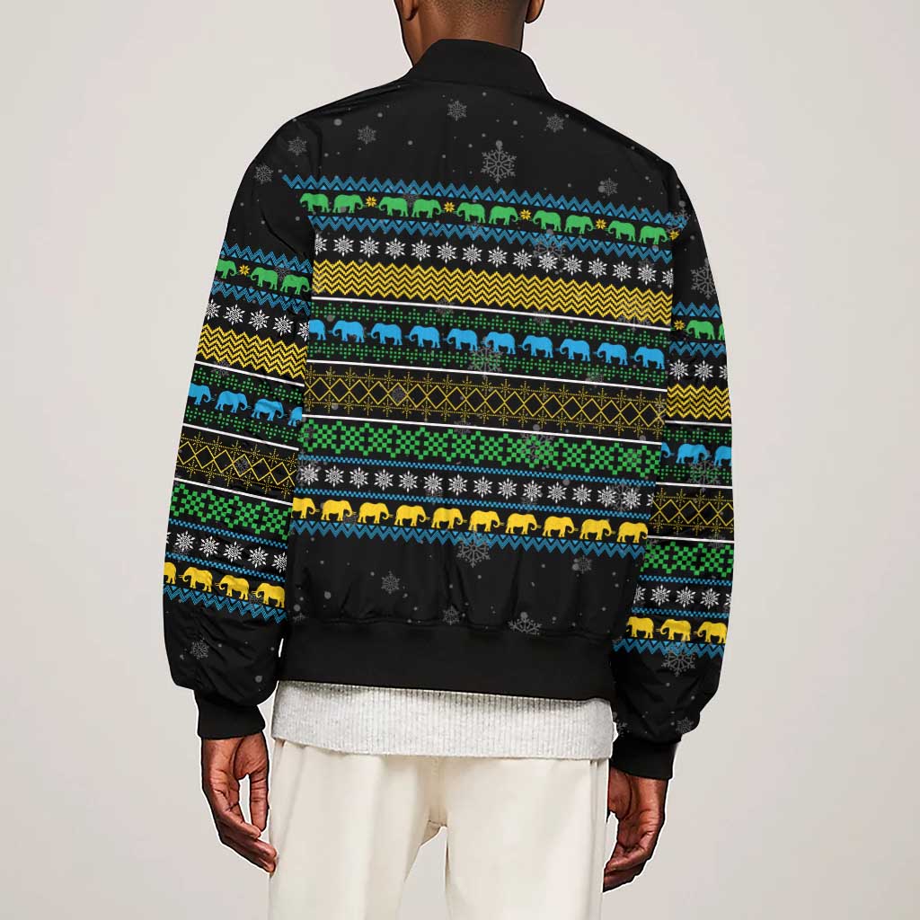 Tanzania Christmas Sleeve Zip Bomber Jacket African Santa Riding Elephant Snowflakes - African Pride