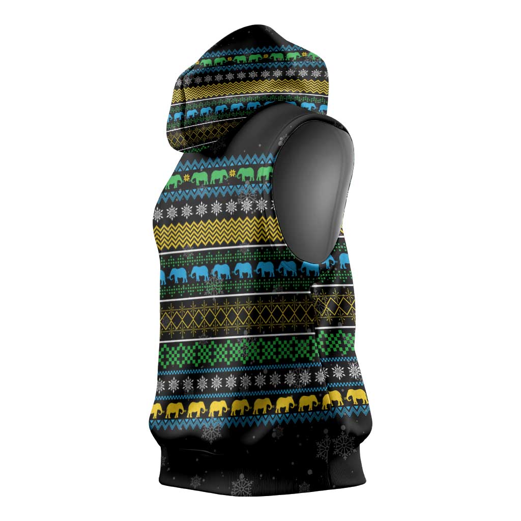 Tanzania Christmas Sleeveless Hoodie African Santa Riding Elephant Snowflakes - African Pride
