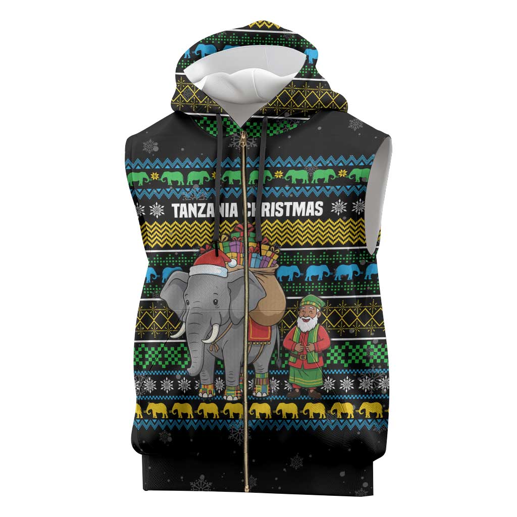 Tanzania Christmas Sleeveless Zip Hoodie African Santa Riding Elephant Snowflakes - African Pride