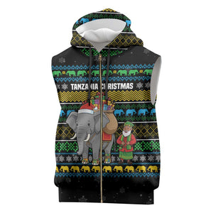 Tanzania Christmas Sleeveless Zip Hoodie African Santa Riding Elephant Snowflakes - African Pride