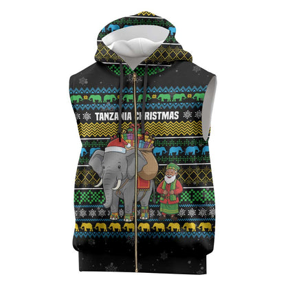 Tanzania Christmas Sleeveless Zip Hoodie African Santa Riding Elephant Snowflakes - African Pride
