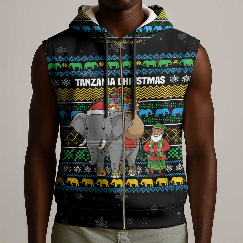Tanzania Christmas Sleeveless Zip Hoodie African Santa Riding Elephant Snowflakes - African Pride