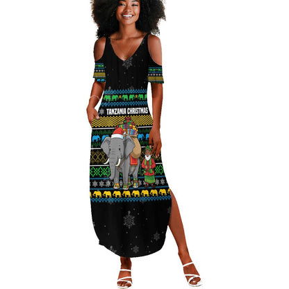 Tanzania Christmas Summer Maxi Dress African Santa Riding Elephant Snowflakes - African Pride