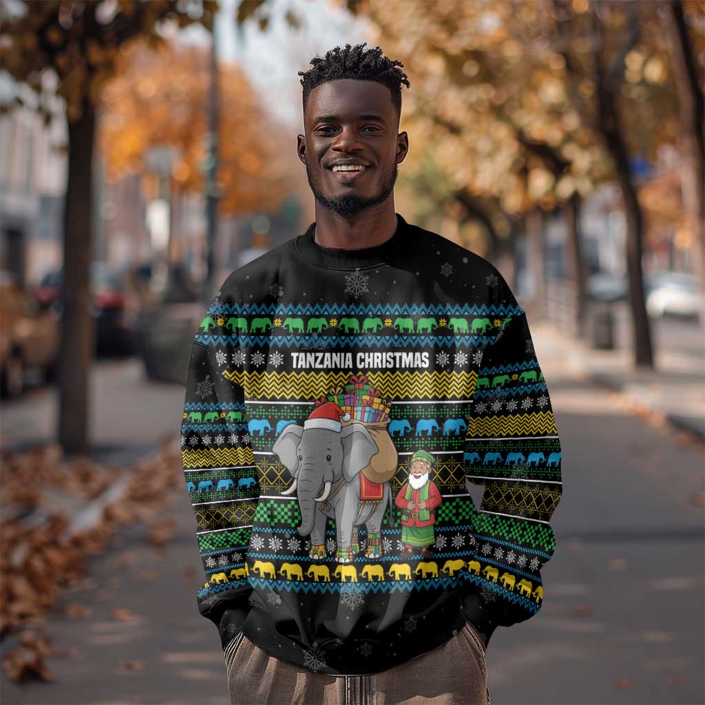 Tanzania Christmas Sweatshirt African Santa Riding Elephant Snowflakes - African Pride