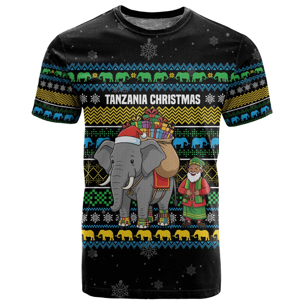 Tanzania Christmas T shirt African Santa Riding Elephant Snowflakes - African Pride
