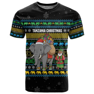 Tanzania Christmas T shirt African Santa Riding Elephant Snowflakes - African Pride