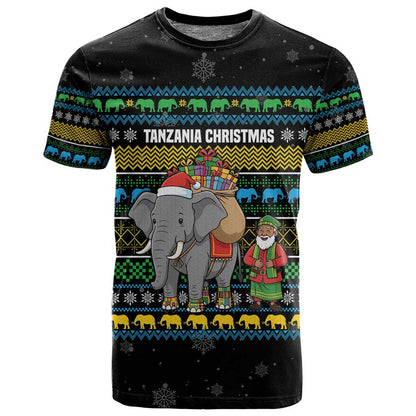 Tanzania Christmas T shirt African Santa Riding Elephant Snowflakes - African Pride