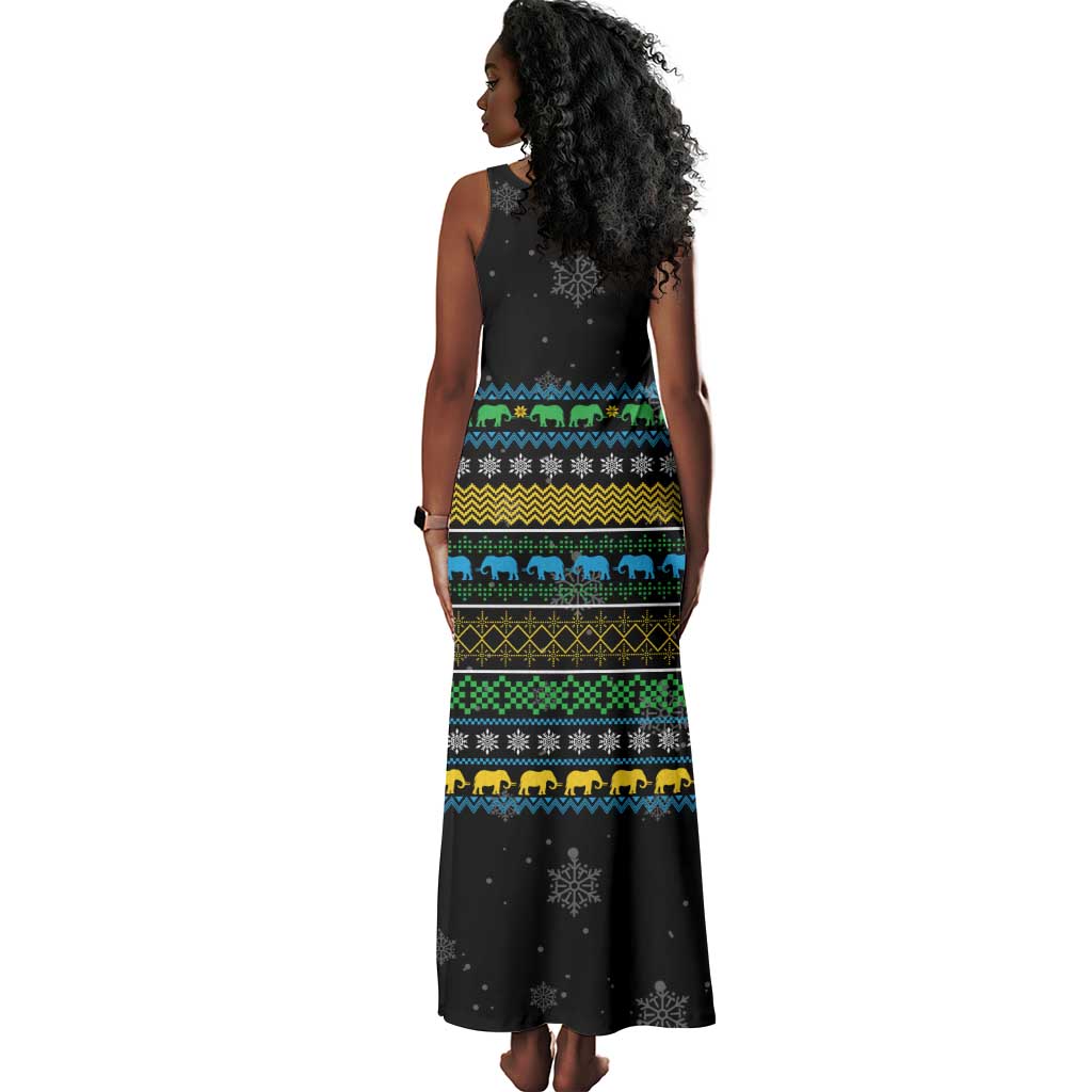 Tanzania Christmas Tank Maxi Dress African Santa Riding Elephant Snowflakes - African Pride