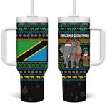 Tanzania Christmas Tumbler With Handle African Santa Riding Elephant Snowflakes - African Pride