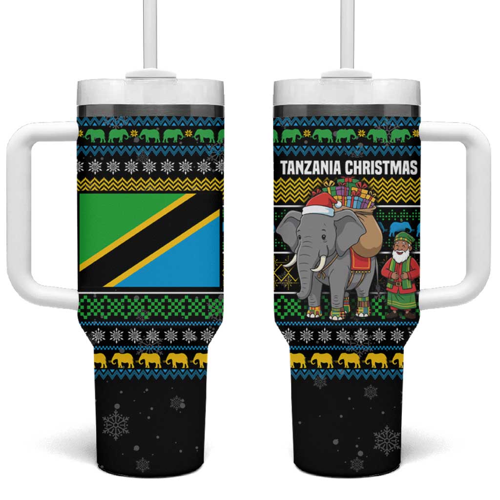 Tanzania Christmas Tumbler With Handle African Santa Riding Elephant Snowflakes - African Pride