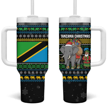 Tanzania Christmas Tumbler With Handle African Santa Riding Elephant Snowflakes - African Pride