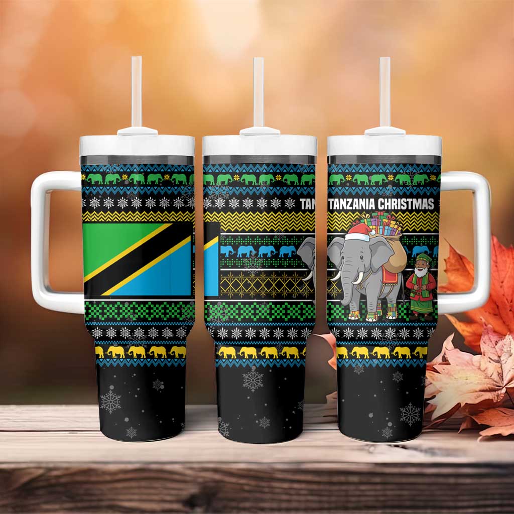 Tanzania Christmas Tumbler With Handle African Santa Riding Elephant Snowflakes - African Pride