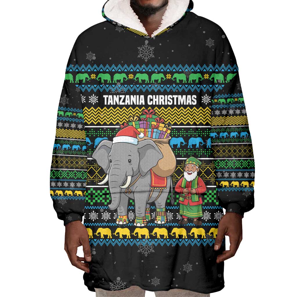 Tanzania Christmas Wearable Blanket Hoodie African Santa Riding Elephant Snowflakes - African Pride