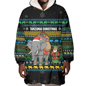 Tanzania Christmas Wearable Blanket Hoodie African Santa Riding Elephant Snowflakes - African Pride