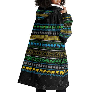 Tanzania Christmas Wearable Blanket Hoodie African Santa Riding Elephant Snowflakes - African Pride