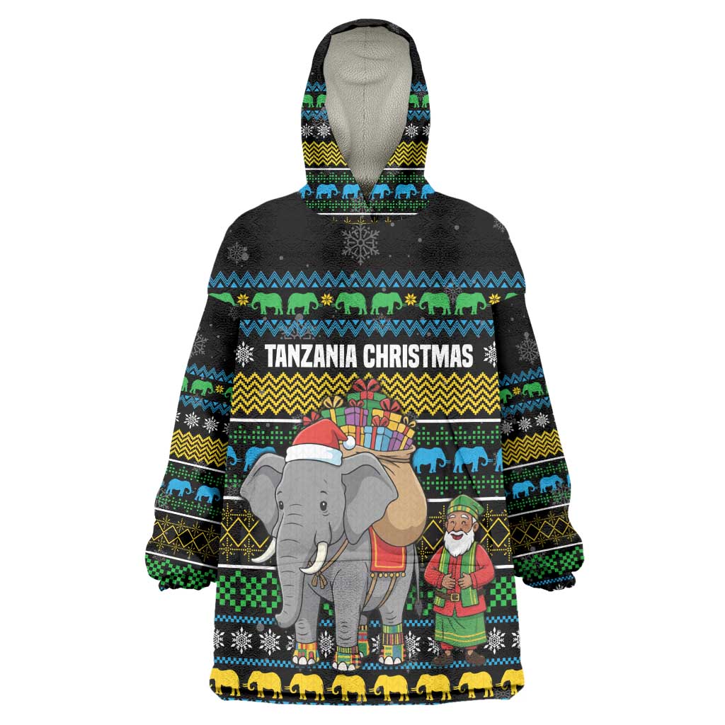 Tanzania Christmas Wearable Blanket Hoodie African Santa Riding Elephant Snowflakes - African Pride