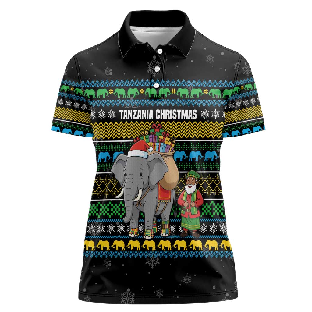 Tanzania Christmas Women Polo Shirt African Santa Riding Elephant Snowflakes - African Pride