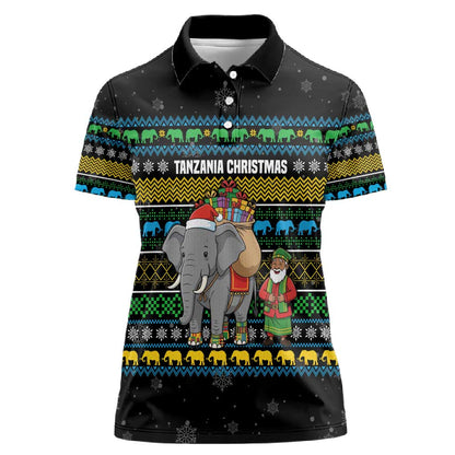 Tanzania Christmas Women Polo Shirt African Santa Riding Elephant Snowflakes - African Pride