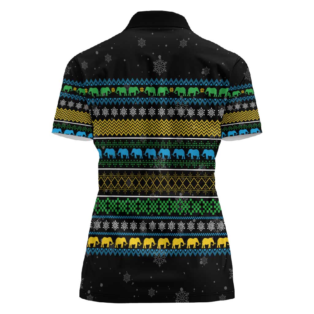 Tanzania Christmas Women Polo Shirt African Santa Riding Elephant Snowflakes - African Pride