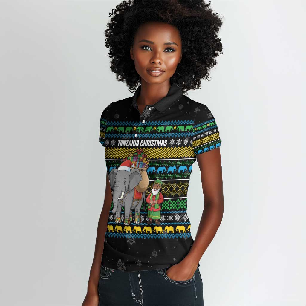 Tanzania Christmas Women Polo Shirt African Santa Riding Elephant Snowflakes - African Pride