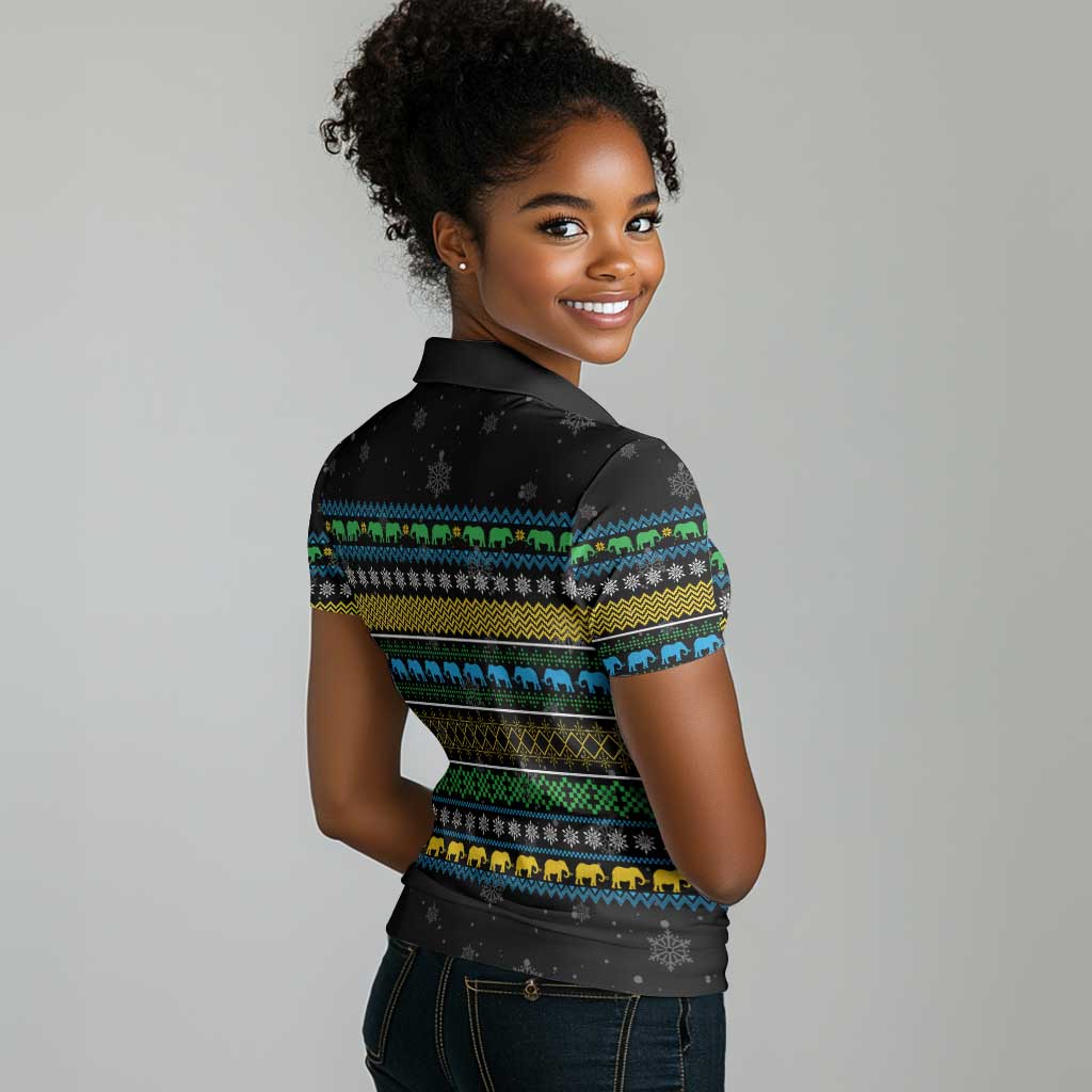 Tanzania Christmas Women Polo Shirt African Santa Riding Elephant Snowflakes - African Pride