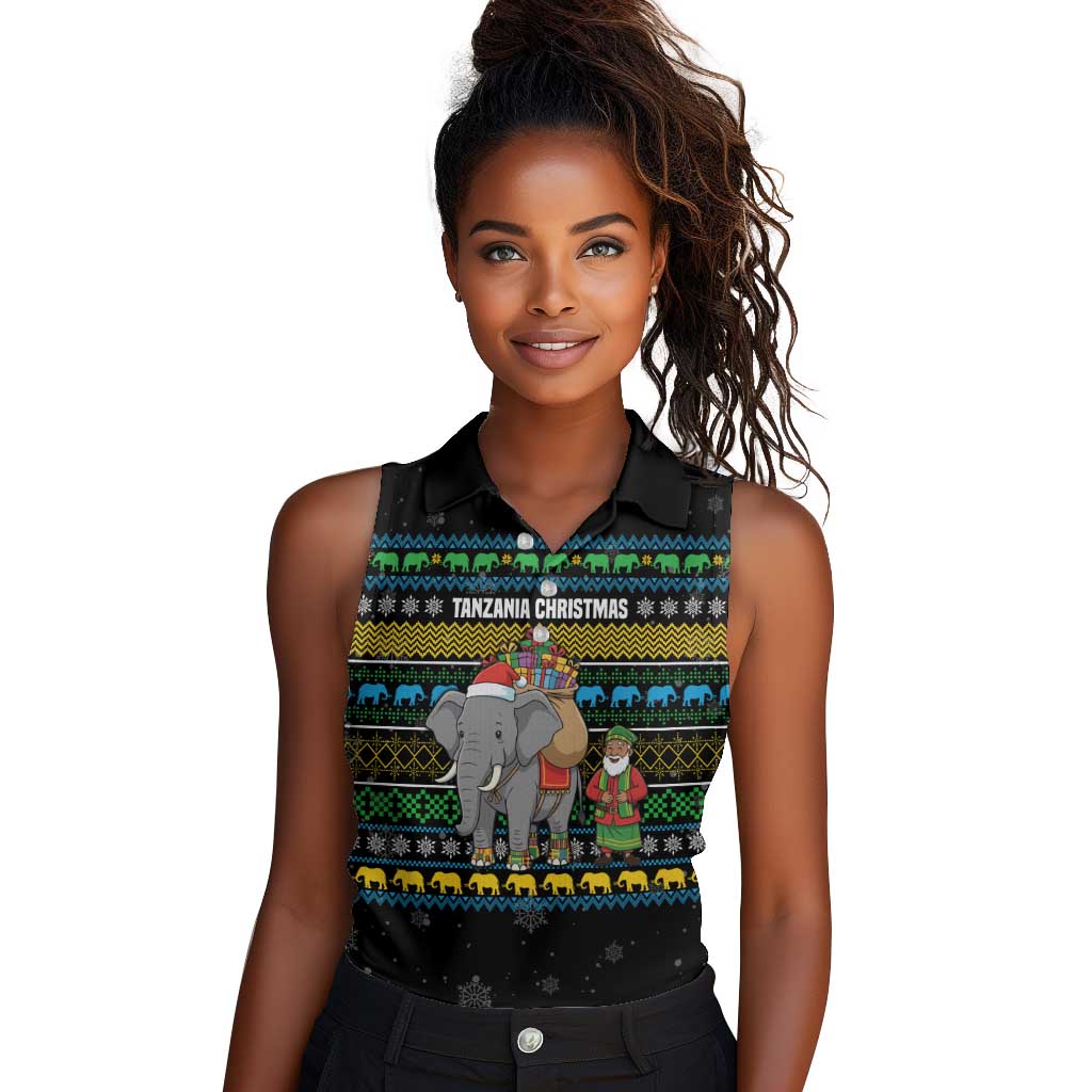 Tanzania Christmas Women Sleeveless Polo Shirt African Santa Riding Elephant Snowflakes - African Pride
