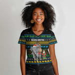 Tanzania Christmas Women V-Neck T-Shirt African Santa Riding Elephant Snowflakes - African Pride