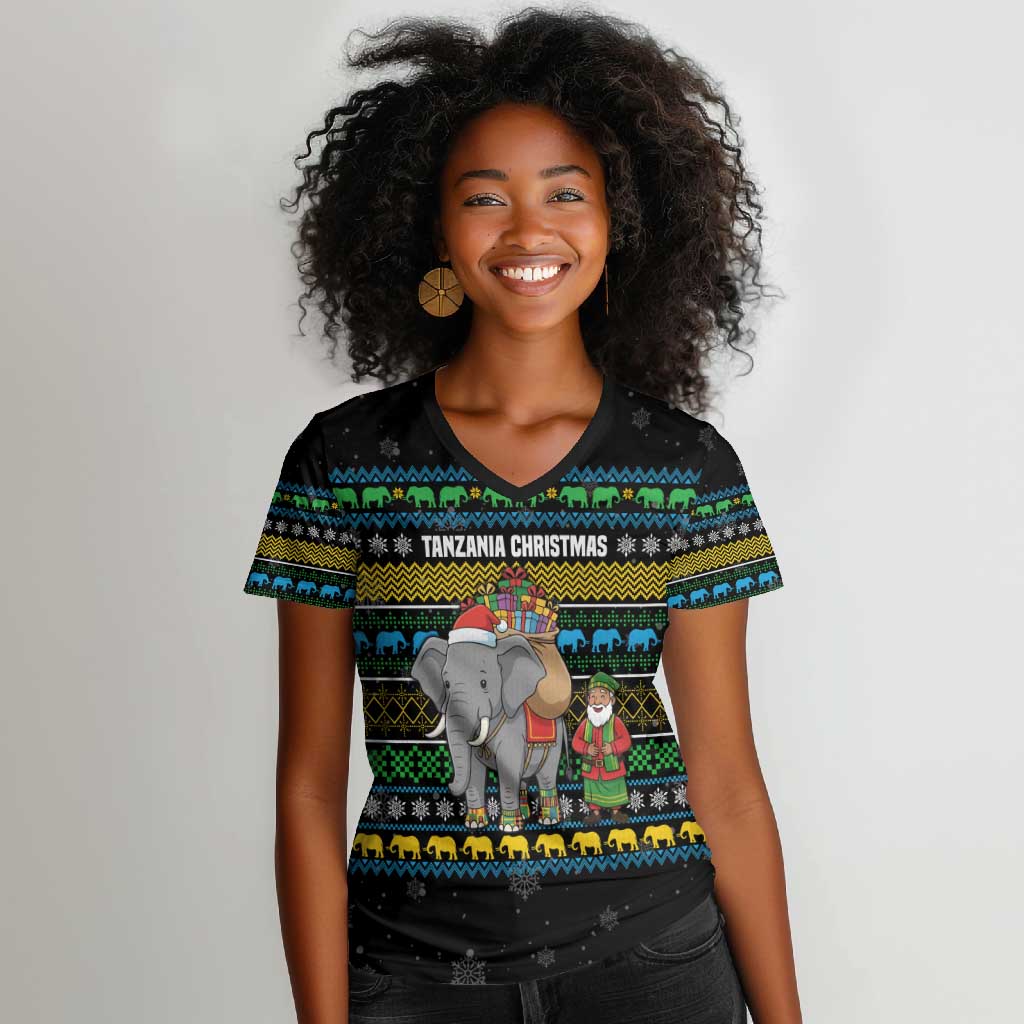 Tanzania Christmas Women V-Neck T-Shirt African Santa Riding Elephant Snowflakes - African Pride