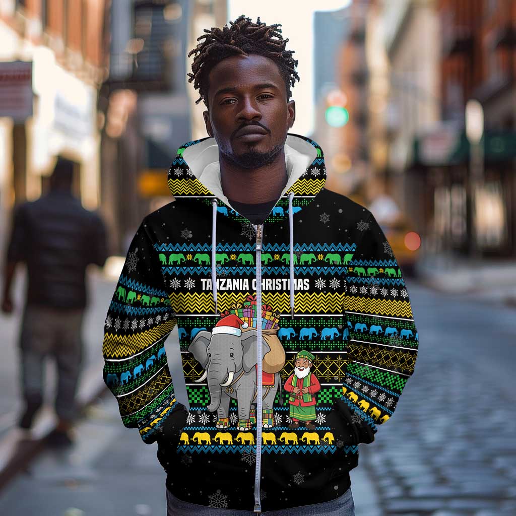 Tanzania Christmas Zip Hoodie African Santa Riding Elephant Snowflakes - African Pride