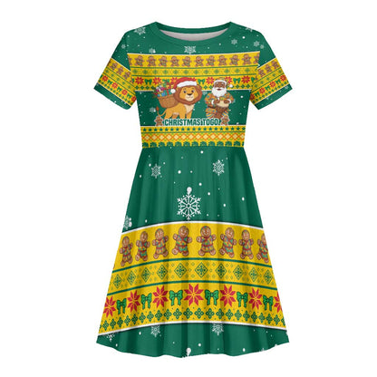 Togo Christmas Kid Short Sleeve Dress African Santa Lion Drummer Gingerbread - African Pride