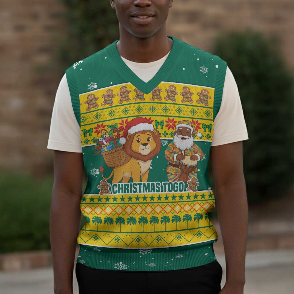 Togo Christmas Knitted V-Neck Vest African Santa Lion Drummer Gingerbread - African Pride