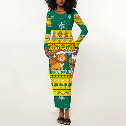Togo Christmas Long Sleeve Bodycon Dress African Santa Lion Drummer Gingerbread - African Pride