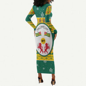 Togo Christmas Long Sleeve Bodycon Dress African Santa Lion Drummer Gingerbread - African Pride