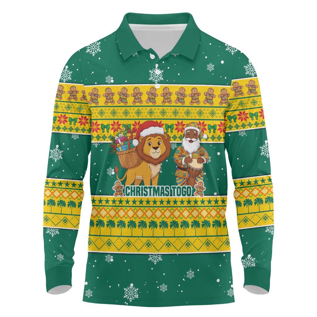 Togo Christmas Long Sleeve Polo Shirt African Santa Lion Drummer Gingerbread - African Pride